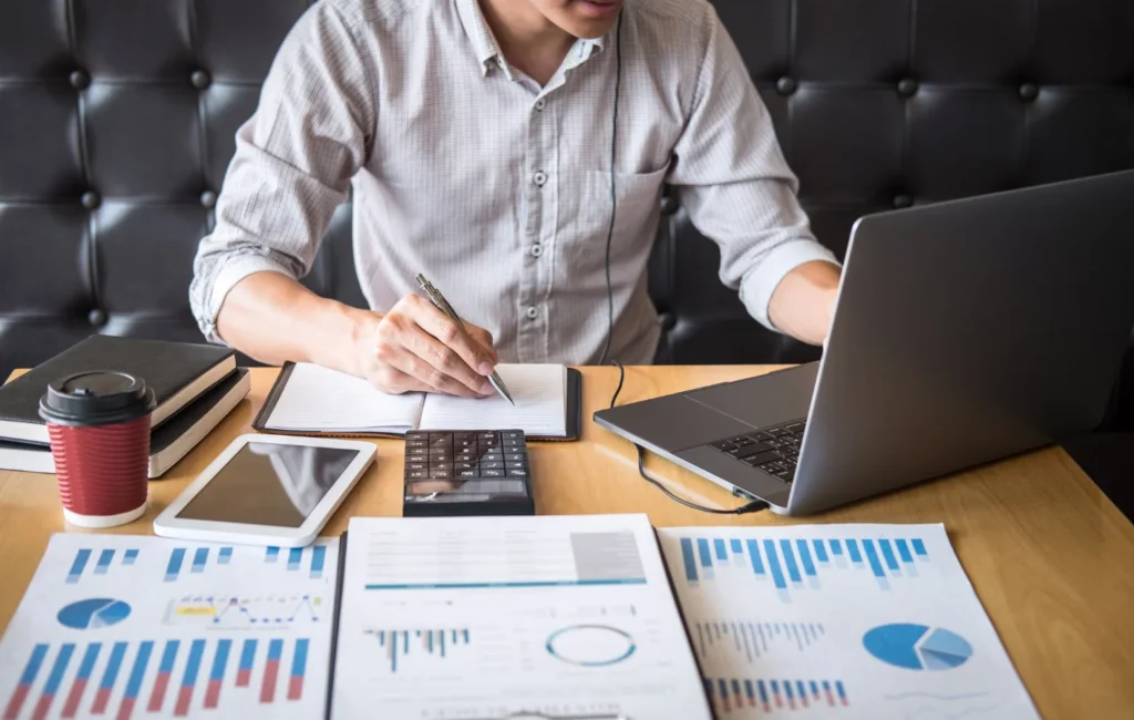 Financial planning concept showing a project financing model with investment charts, risk assessment, and funding sources.