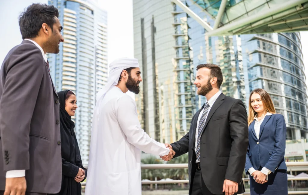 Financial consultants analyzing data and creating financial solutions at a Dubai management consultancy.