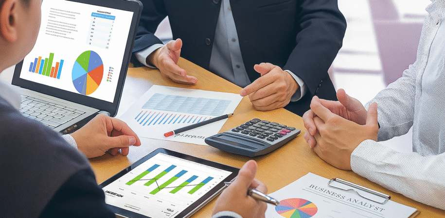 Business team analyzing financial reports and charts on tablet, representing expert corporate finance advisory services in UAE.
