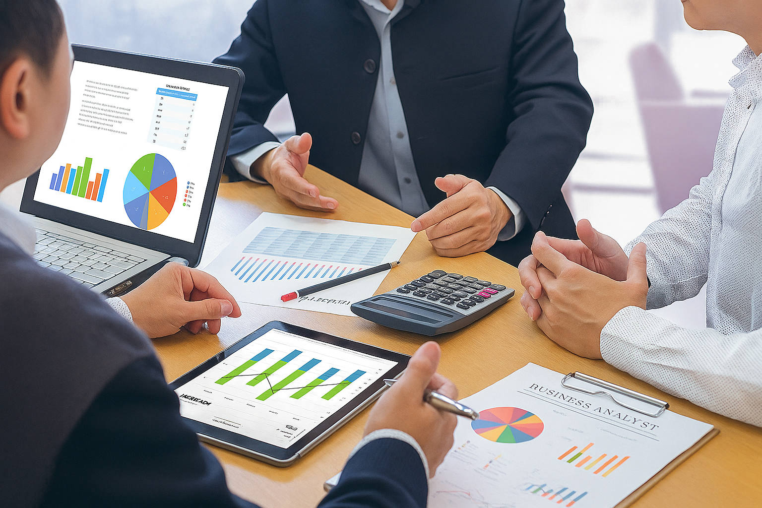 Business team analyzing financial reports and charts on tablet, representing expert corporate finance advisory services in UAE.