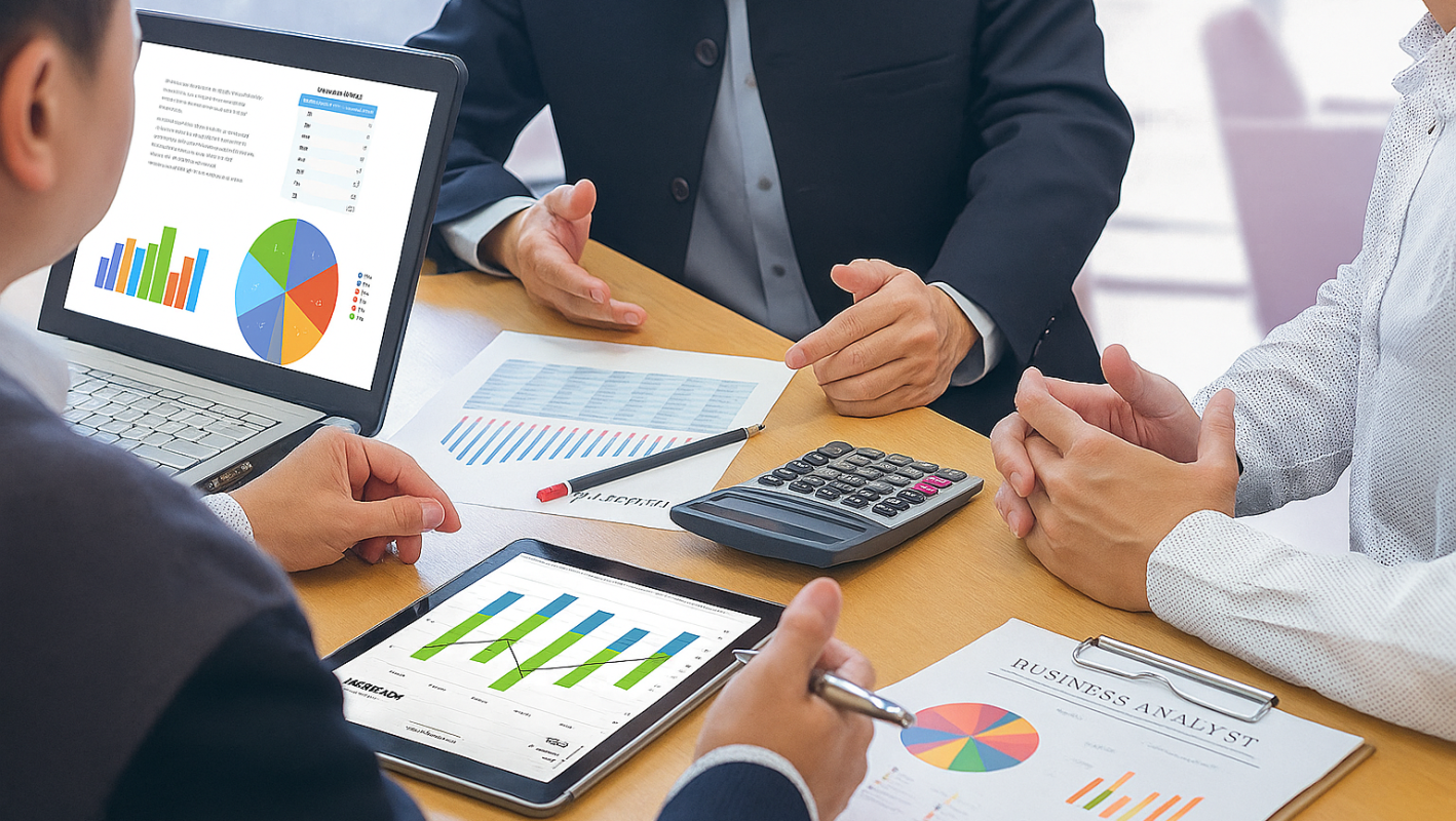 Business team analyzing financial reports and charts on tablet, representing expert corporate finance advisory services in UAE.